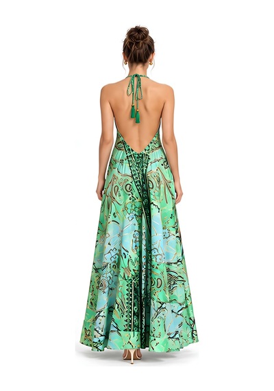 Lili Woman Kadın Yeşil Ombreli Batik Desenli Halter Yaka Otantik Maxi Elbise Mo.melb01y