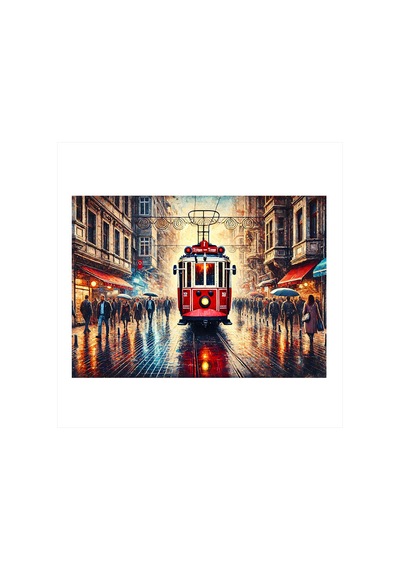 Yağmurlu İstanbul Ve Kırmızı Tramvay Desenli Mdf Tablo