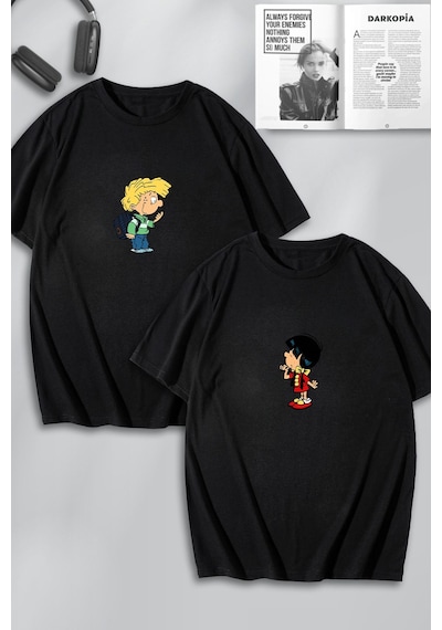 Unisex Kadın Erkek Cedric Ve Chen Baskılı Sevgili Çift Kombini Tasarım Oversize Tshirt 2'li Siyah Mck0094 Siyah
