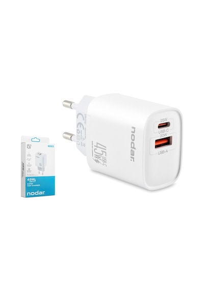 Nodar Nd1013 Usb-a Type-c Çift Çıkışlı Hızlı Şarj Adaptörü 45w Beyaz