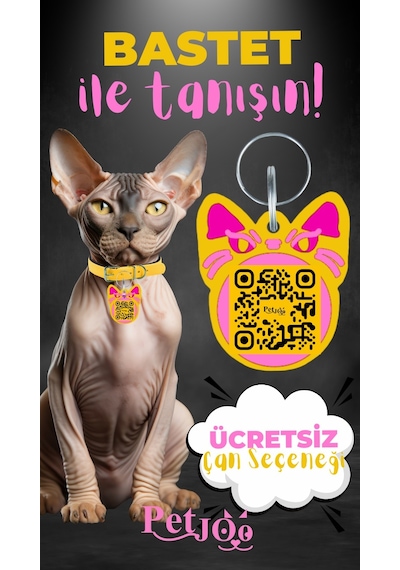 Petjoo 1.Bastet Pembe-Sarı Qr'lı Kedi Künyesi