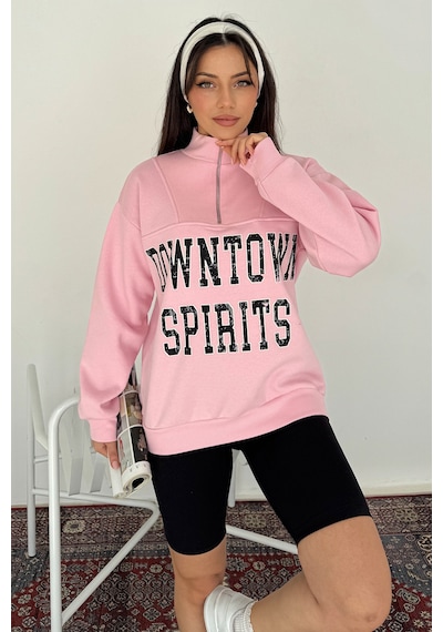 Noa & Noa Kadın Fermuarlı Baskılı Sweatshirt Downtown Energy Pembe
