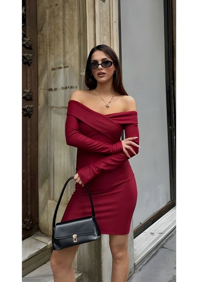 Lymens Noir Elegance Çapraz Bant Detaylı Elbise Bordo