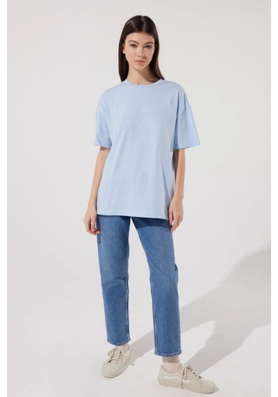 Caxis Unisex Bisiklet Yaka Oversize Gök Mavi T-shirt Basic Gökmavi