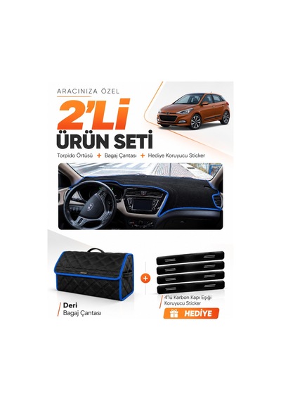 Hyundai İ20 2014-2020 Uyumlu Torpido Örtüsü + Deri Bagaj Çantası + Sticker Seti - Siyah Mavi