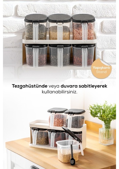 Vienev 6'lı Beyaz Standlı Kaşıklı Etiketli Kendinden Yapışkanlı Baharatlık Seti Beyaz Beyaz