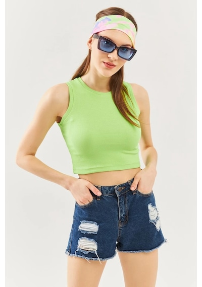 Butikgiz Kadın Sıfır Kol Bisiklet Yaka Vücuda Oturan %100 Pamuklu Kaşkorse Esnek Crop Bluz Fıstık Yeşili