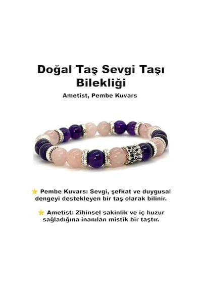 Aşk Ve Sevgi Bileklik 8mm Pembe Kuvars Ametist Doğal Taş