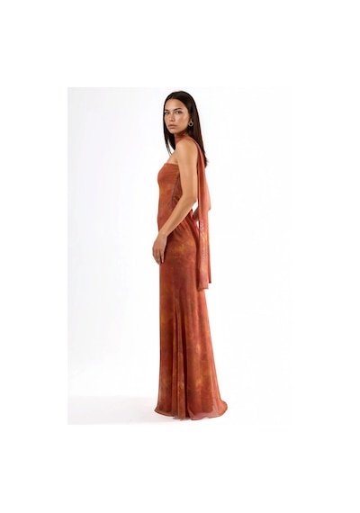 Hiccup Straplez Çiçek Desenli Tül Kuşaklı Bodycon Maxi Elbise Parlak Turuncu
