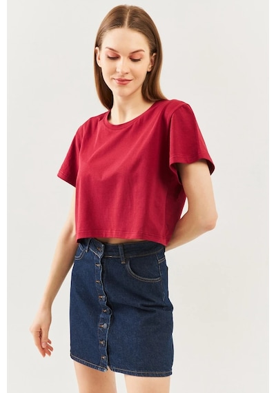 Kadın Rahat %100 Pamuklu Penye Bisiklet Yaka Kısa Kol Basic Crop T-shirt Bordo