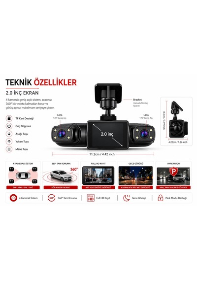 Cmr-161 4 Kannalı Araç İçi Kamera Sistemi Full Hd 1080p Gece Görüşlü 170 Derece Geniş Açı G-sensör 2.0inç Ekranlı