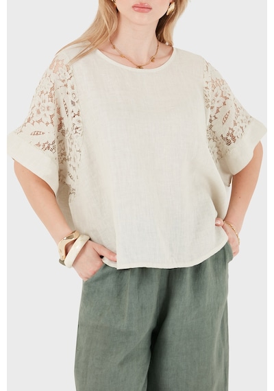 Via Dante Relaxed Fit Dantel Detaylı Keten Bluz Bayan Bluz 7222p Bej
