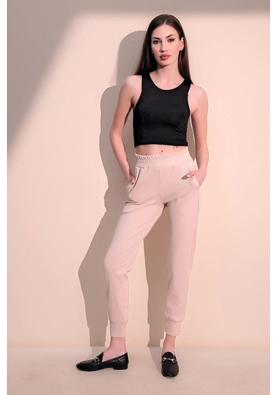 Kadın Bej Rahat Dokulu Kumaş Cepli Beli Lastikli Paça Jogger Spor Pantolon Bej