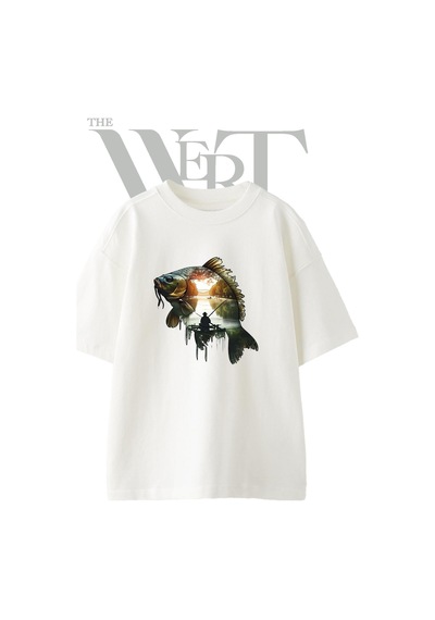 Thewert Balik Balikci Tasarım Baskılı Ünisex Beyaz Oversize T-shirt