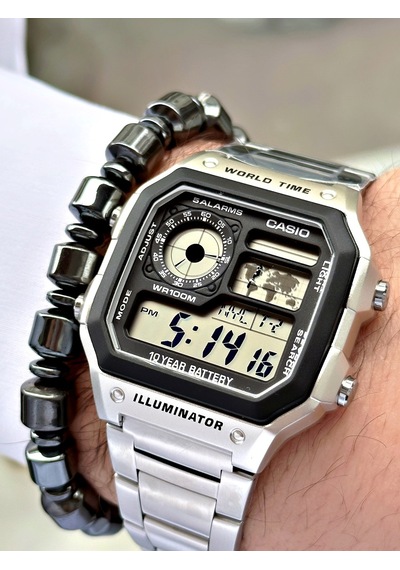 Casio Gümüş Renk Kare Model Dünya Saatli Dijital   Erkek Kol Saati + Bileklik Hediyeli Nda90