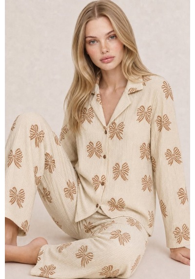 Kadın Uzun Kol Rahat Krem Pijama Takımı 4759