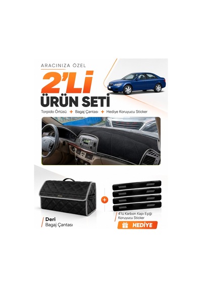 E-biz Hyundai Sonata 2004-2007 Uyumlu Torpido Örtüsü + Deri Bagaj Çantası Seti - Siyah-gri - Hu029