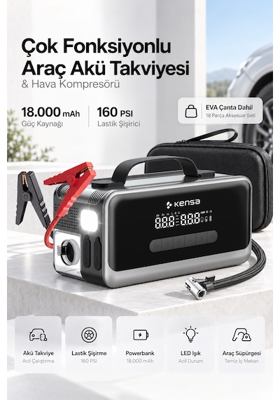 Araç Süpürgeli Akü Takviyeli Jump Starter & 160 Psı Kompresör Araç Kiti 18.000 Mah