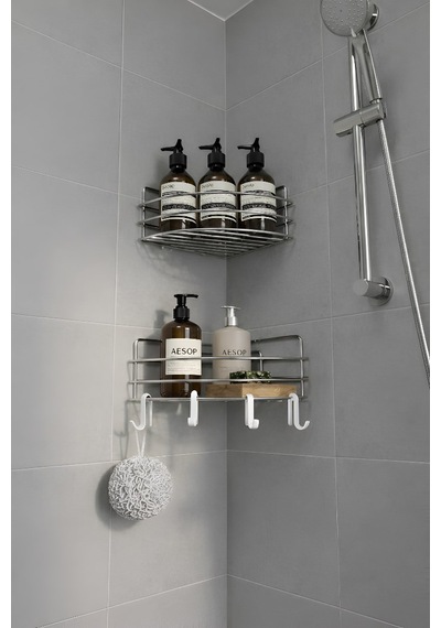 Sas Haus   Tek Katlı Köşe Duş Rafı Kancalı Banyo Şampuanlık & Organizer 2 Adet Krom Tk-01 Siyah
