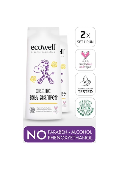 Ecowell Bebek Saç & Vücut Şampuanı Set Organik & Vegan Sertifikalı - Parabensiz Doğal Konak Önleyici 2x300 Ml