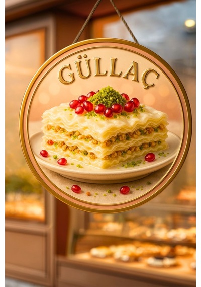 Güllaç Temalı İpli Ahşap Kapı Duvar Süsü, Pastane, Tatlı Dükkanı, Cafe Tablo Dekoru, 30 X 50 Cm