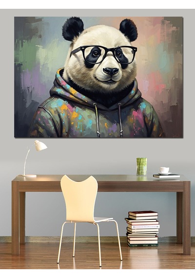 Sweatshirt Giymiş Gözlüklü Panda Tablosu Dekoratif Kanvas - Mdf Ahşap Tablo