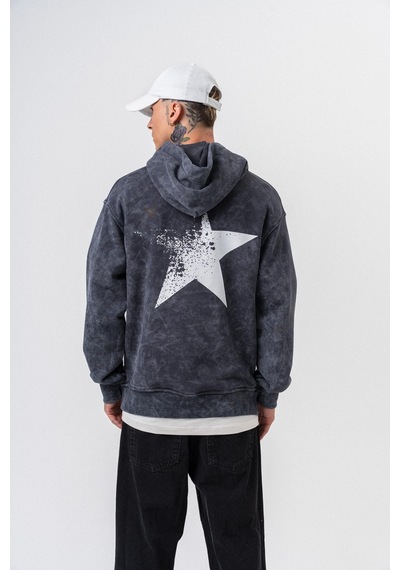 Respire Erkek Star Baskılı Yıkamalı Kapüşonlu Oversize Hoodie Siyah