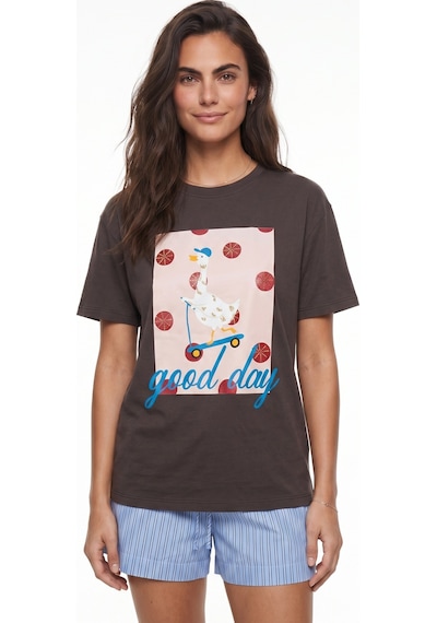 Onloox Kadın Kahverengi Kahverengi Yumuşak Hafif Kumaş Bisiklet Yaka Relaxed Fit Nakışlı Figür Baskılı T-shirt