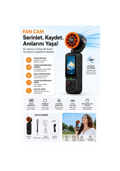 Aksiyon Kamera Lk-035 Mini Vlog Kamerası Ve Taşınabilir Fan 2'si 1 Arada 1080p Hd Kamera 180 Dönebilen Siyah