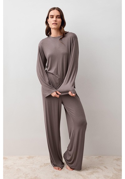 Uzun Kollu Oversize Basic Likralı Viskoz Alt Üst Takım 20210 Vizon