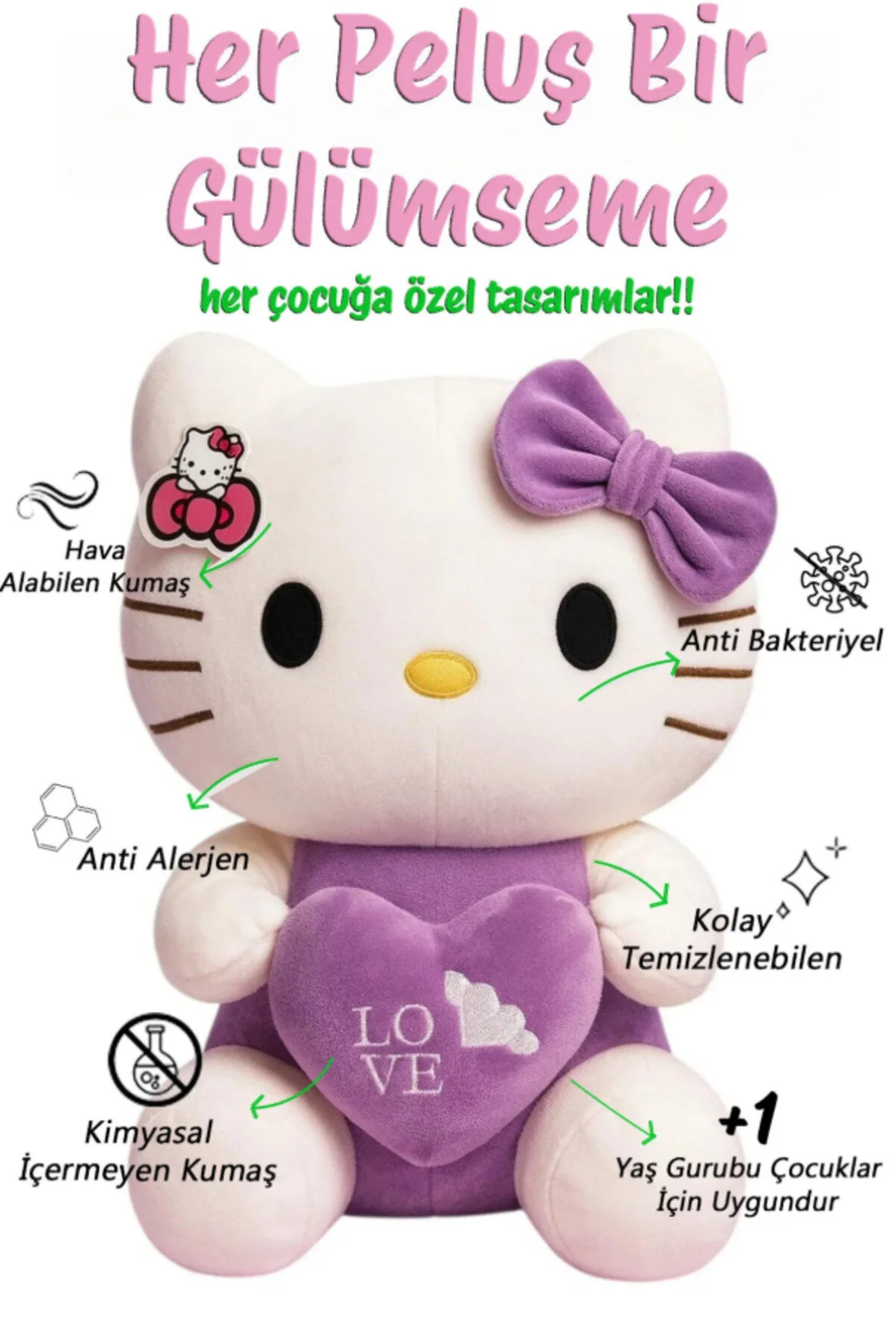 Hello Kitty Mor Peluş Oyuncak 35cm + Deri Çanta Şık Hediye Seti Açık Mor
