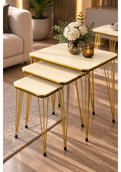 Sulorahome Krem Renkli Gold Tel Ayaklı 4'lü Sehpa Seti Bej - Altın