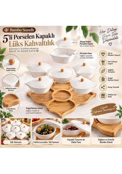 Bambu Standlı 5 Li Porselen Kapaklı Lüks Kahvaltılık Beyaz