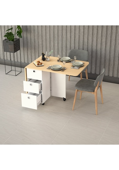 Asra Trend Raflı Modern Katlanır Mutfak Masası KM-09 %100 MDF 3 Çekmeceli Tekerlekli Servis Masası Akça Ağaç Asra Trend Raflı Modern Katlanır Mutfak Masası KM-09 %100 MDF 3 Çekmeceli Tekerlekli Servis Masası Akça Ağaç