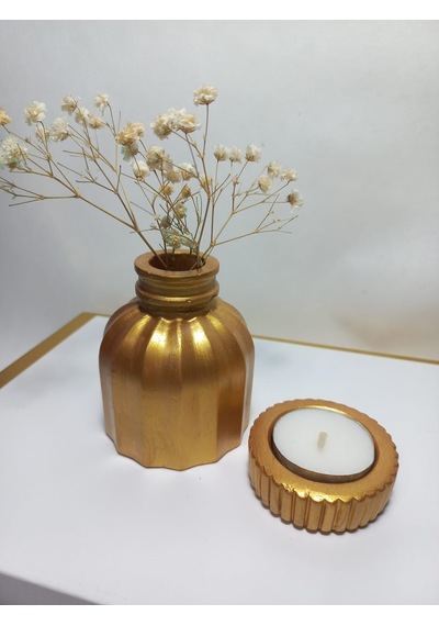 İnce Çizgili Vazo - Modern & Minimal Dekoratif Obje, Salon Ve Ofis Çiçeklik, Antiquity Gold Kahverengi