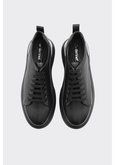 Derinet Hakiki Deri Bağcıklı Yüksek Taban Erkek Sneaker Siyah Siyah