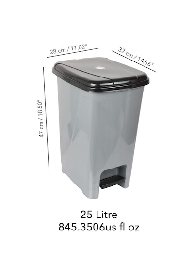 Pedallı Gri Banyo Mutfak Çöp Kovası Siyah Kapaklı Slim Pedallı Çöp Kovası 25litre Gri