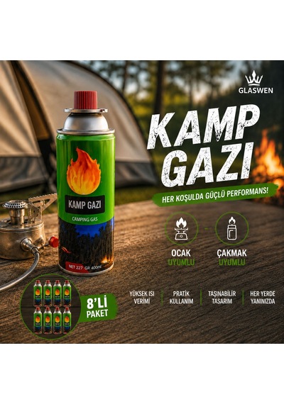 8 Adet Kamp Gazı Gaz Tüpü Portatif Ocak Kartuşu Tek Kullanımlık Pürmüz 400 Ml 227 Gr Yeşil