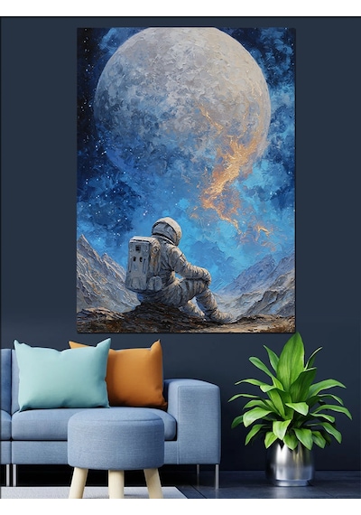 Ahşap Tablo Ayda Oturan Yalnız Astronot