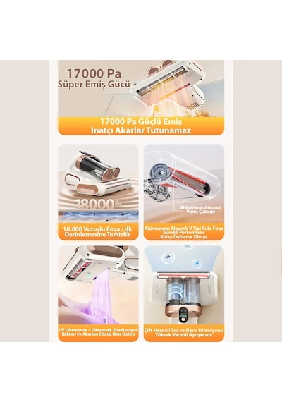 Ezere Dustaway 17000pa Güçlü Kablosuz Akar Ve Toz Uv Işıklı Yatak Ve Koltuk Temizleyici- 5775