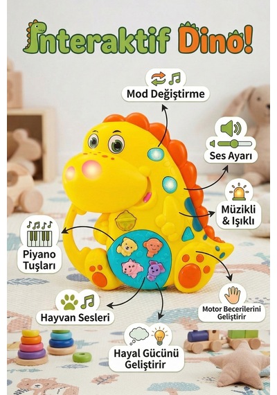 Vardem Eğitici İnteraktif Müzikli Ve Işıklı Dinozor Bebek Oyuncağı - Hayvan Sesli Piyano