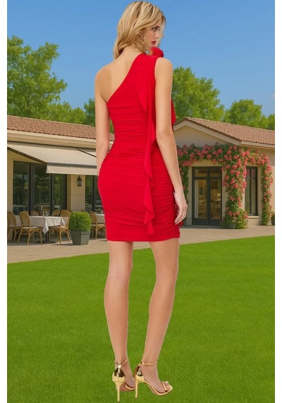 Ersefa Asimetrik Yaka Mini Elbise Örme Kumaştan Bodycon Stil Yazlık Gece Kırmızı