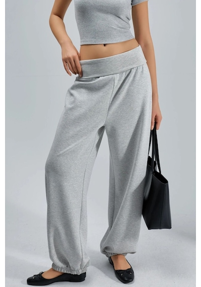 Hiccup Busem Orta Belli Geniş Paça Örme Jogger Pantolon Gri