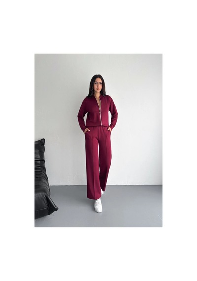 Winmoda34 Kadın Modal Kumaş Kolej Yaka Fermuarlı Cepli Bol Paça Takım Bordo