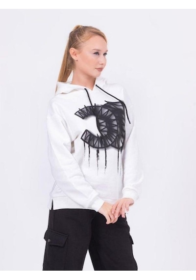 Kız Çocuk Pamuklu Kapüşonlu Baskılı Sweatshirt-13425-beyaz Beyaz