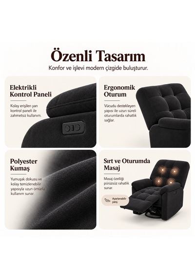 Smarto Relax Porto Masajlı Elektrikli Döner Sallanan Tv Koltuğu Kontrol Panelli Ergonomik Polyester Baba Koltuğu Siyah