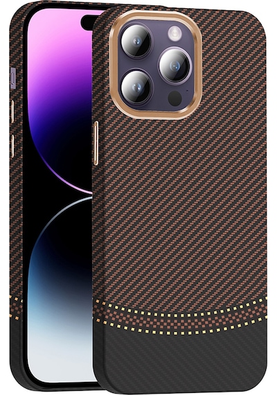 Rba Aksesuar Apple Uyumlu iPhone 14 Pro Max Kılıf M-safe Şarj Özellikli Karbon Fiber Görünümlü Rba Gros Kapak - Gold-siyah Çok Renkli