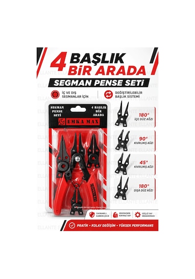 4 Başlıklı Segman Pense Seti İç & Dış Segman Uyumlu Değiştirilebilir Uçlu Profesyonel Karbon Çel
