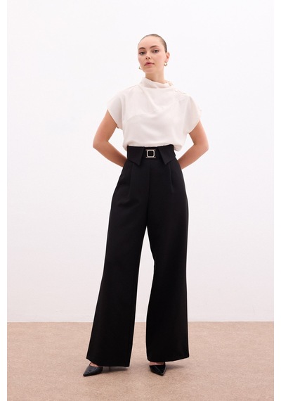 Sateen Bel Detaylı Geniş Paça Pantolon - Siyah
