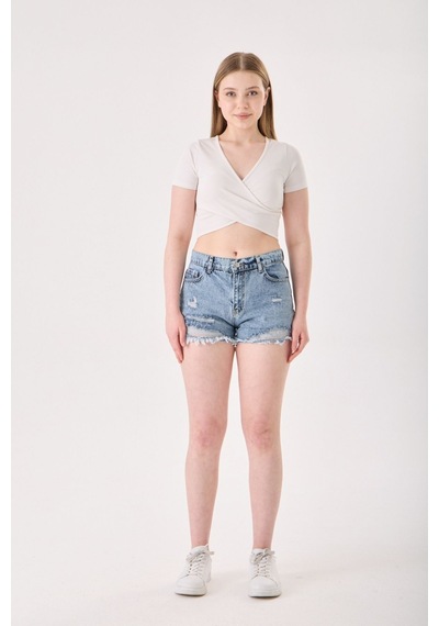 Eseclass Modern Kesim Yüksek Bel Püskül Paça Denim Şort Açık Mavi Açık Mavi